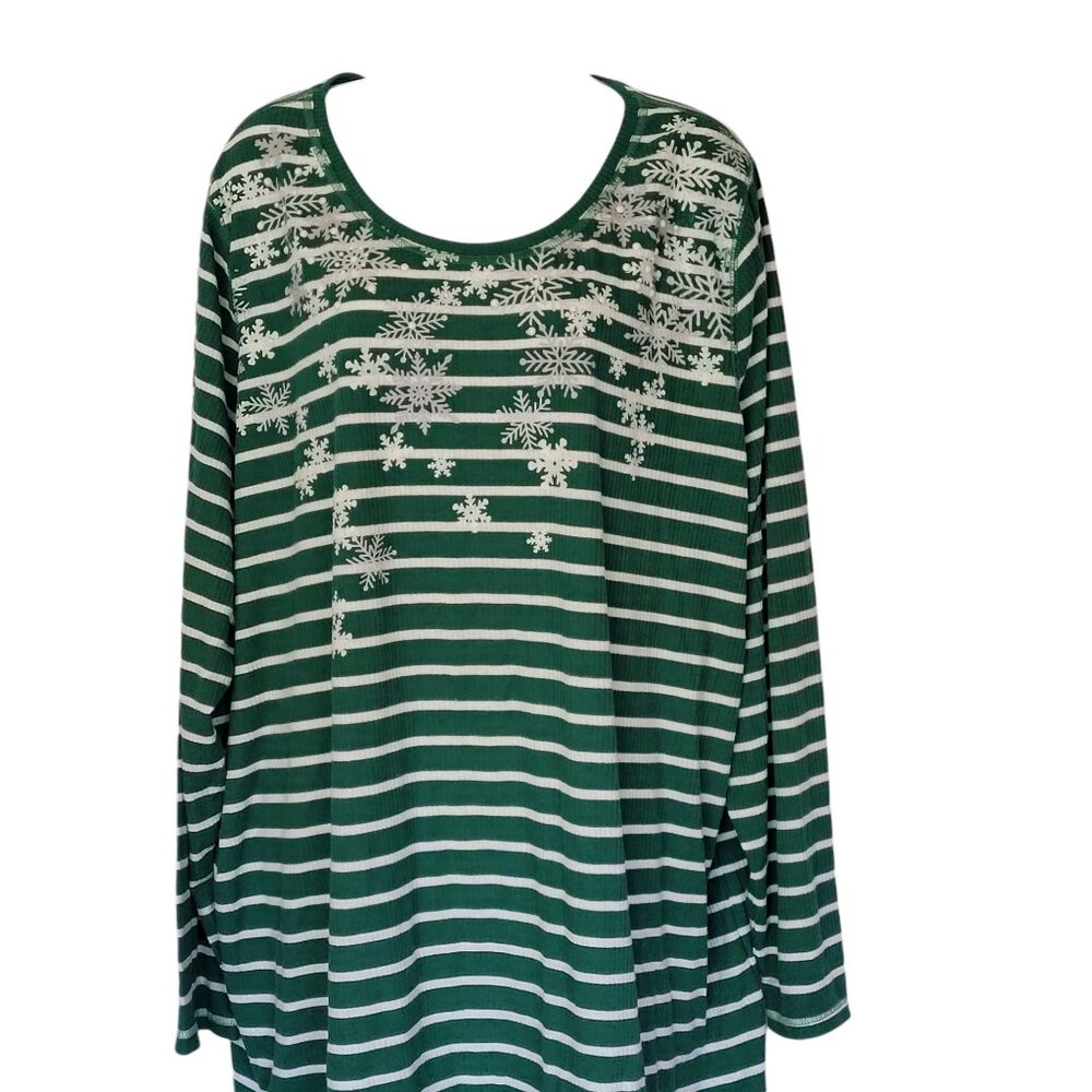 CJ Banks Top 3X‎ Green White Striped Long Sleeve Snowflake Design